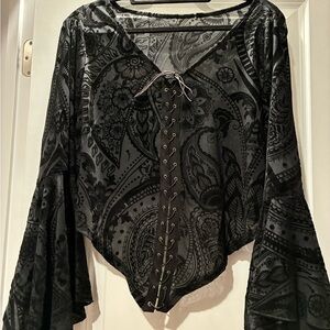 SHEIN Black Lace-Up Paisley Gothic Blouse fits 18W XXL